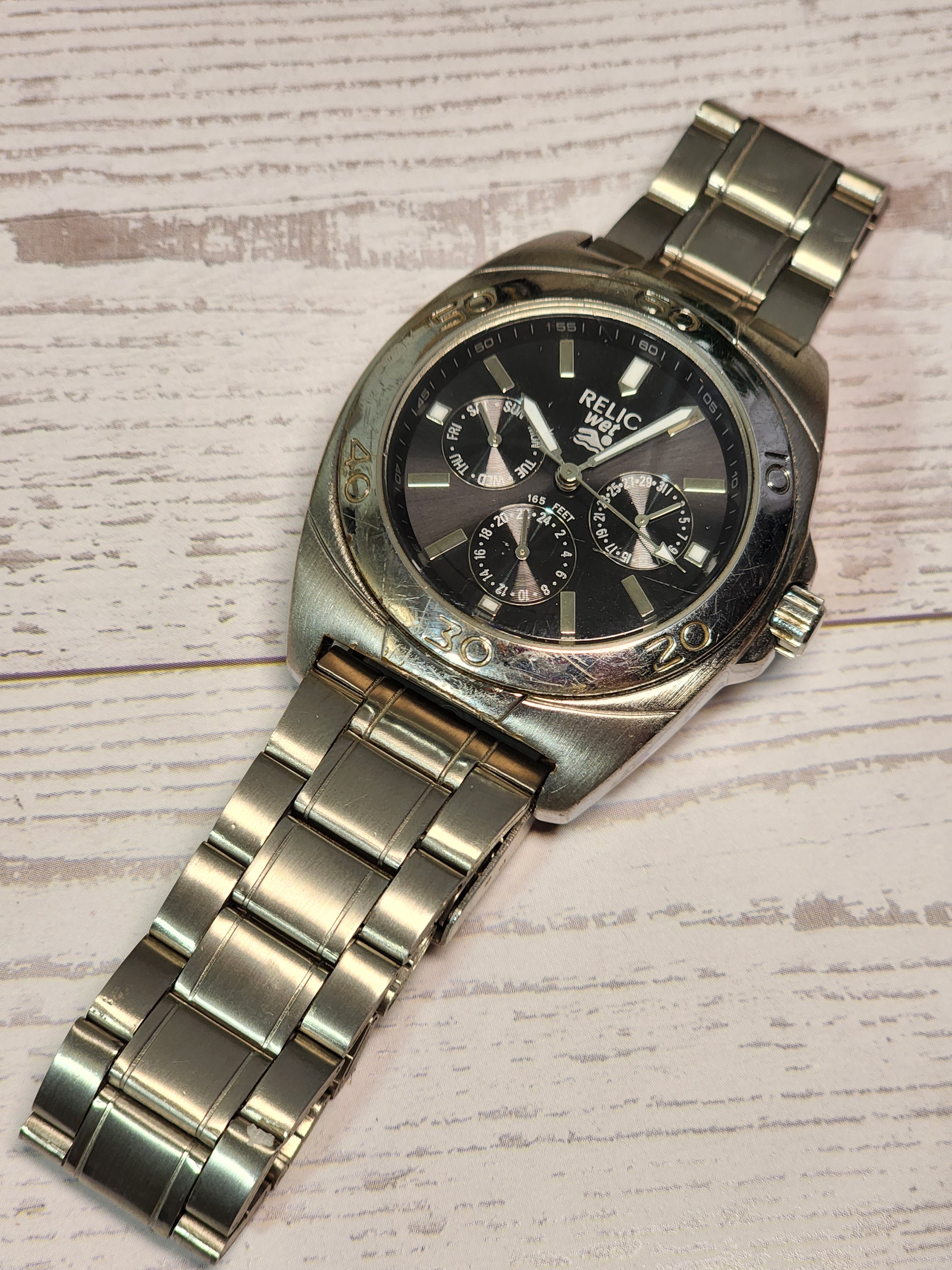 Relic Mens Silver Stainless Steel Watch With Black Dial